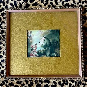 Vintage 1907 gold framed print Saint Anthony Of Padua with child 9.5x8.5”